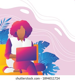 illustration working from home or office. using a flat design in blue, purple and orange colors. Perfect to be used as part of poster design, presentation, social media ads, website, etc.