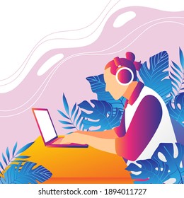 illustration working from home or office. using a flat design in blue, purple and orange colors. Perfect to be used as part of poster design, presentation, social media ads, website, etc.