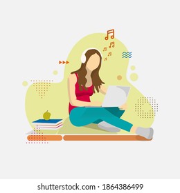 illustration Working at home, a woman is using a laptop and listening to music. Vector illustration of flat style