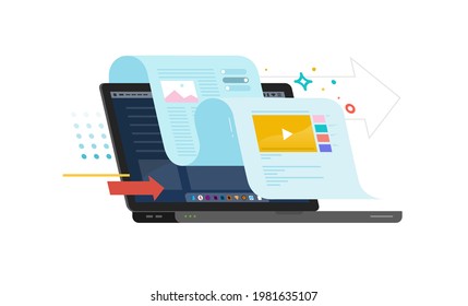 Illustration of working with information in digital form. Color illustrations  on white background.