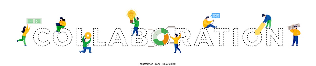 Illustration of working little people with big word Collaboration by dotted lines. Doodle cute miniature scene of workers characters. Hand drawn cartoon flat vector for business design and infographic