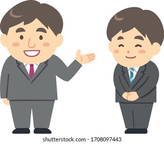 Ilustración de un hombre trabajador presentando a un joven a alguien