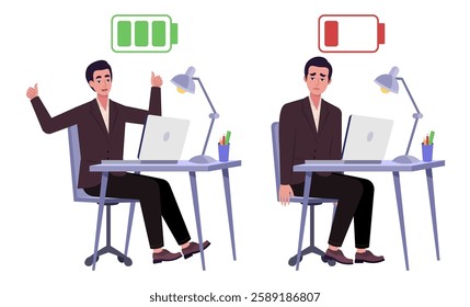 Illustration of a working man with low and high charge. Full and without energy. Concept of depression, burnout and happiness, cheerfulness. Vector illustration in a flat style