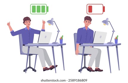 Illustration of a working man with low and high charge. Full and without energy. Concept of depression, burnout and happiness, cheerfulness. Vector illustration in a flat style