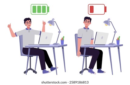 Illustration of a working man with low and high charge. Full and without energy. Concept of depression, burnout and happiness, cheerfulness. Vector illustration in a flat style
