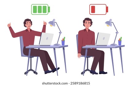 Illustration of a working man with low and high charge. Full and without energy. Concept of depression, burnout and happiness, cheerfulness. Vector illustration in a flat style