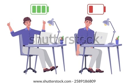 Illustration of a working man with low and high charge. Full and without energy. Concept of depression, burnout and happiness, cheerfulness. Vector illustration in a flat style
