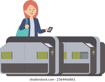 Illustration of a working person going through a ticket gate with a commuter pass