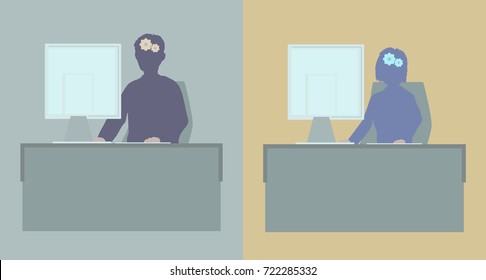 Illustration of working process. Man and woman silhoutte at the computer. Thinking process. Working process. 