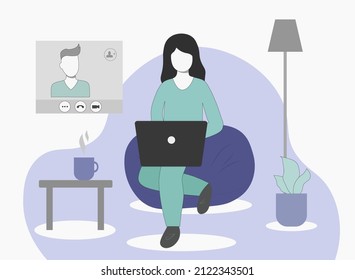 Illustration of working remotely with a team. The girl communicates with colleagues online