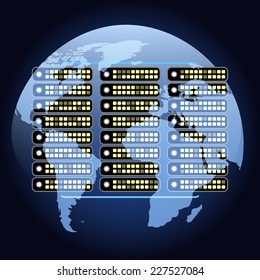 illustration of working server equipment against globe