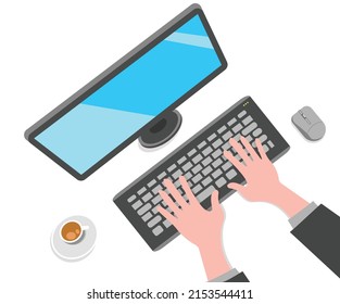 Illustration Working Typing On Computer Screen Monitor Mouse Keyboard Hands Coffee Cup Office Modern Business Digital Technology Device