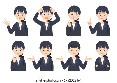 Illustration of a working woman.
Facial expression set.Flat design.