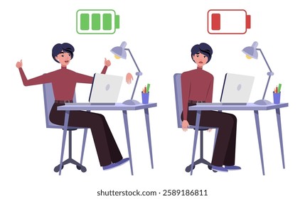 Illustration of a working woman with low and high charge. Full and without energy. Concept of depression, burnout and happiness, cheerfulness. Vector illustration in a flat style