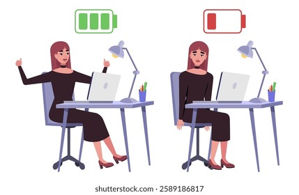 Illustration of a working woman with low and high charge. Full and without energy. Concept of depression, burnout and happiness, cheerfulness. Vector illustration in a flat style