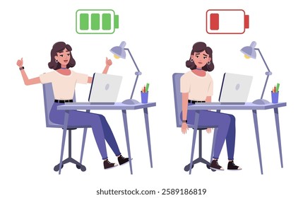 Illustration of a working woman with low and high charge. Full and without energy. Concept of depression, burnout and happiness, cheerfulness. Vector illustration in a flat style