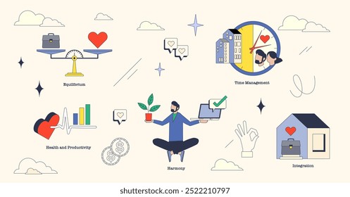 Ilustración del equilibrio entre la vida laboral y la vida privada con Elementos como una balanza, un reloj y una computadora portátil en colección de estilo de neutralismo.