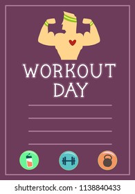 Ilustración de una hoja de entrenamiento para la construcción de cuerpos con un hombre que muestra brazos, bebidas, timbre y timbre