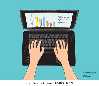 Illustration of workplace with black laptop. Female hands on keyboard working. Hand drawn vector sketch isolated on white background