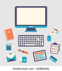 Illustration workplace icons and object, trendy flat minimal style - vector