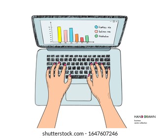 Illustration of workplace with laptop. Hands on keyboard working. Hand drawn vector sketch isolated on white background