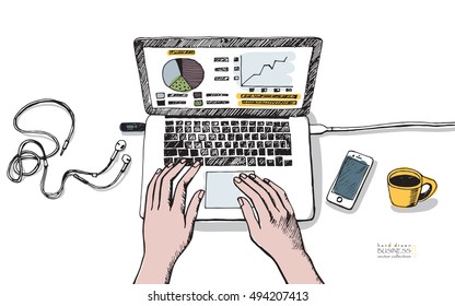 Ilustração de local de trabalho com laptop. Mãos no teclado. Esboço vetorial de tinta desenhada à mão