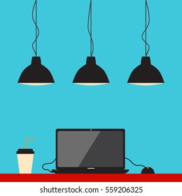 Illustration of workplace with laptop. Vector illustration.