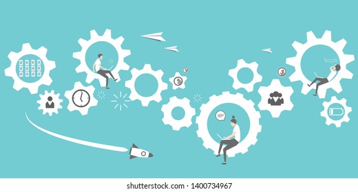 illustration workplace office team work gear blue lifestyle character vector