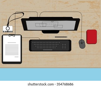 Illustration of workplace on a wood table with computer, tablet, notebook and pass card