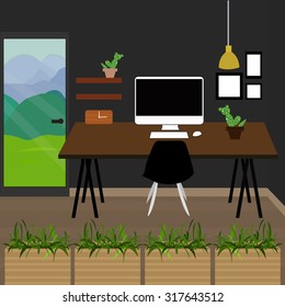 Illustration of workplace in room. Creative office workspace with green Zone. Flat minimalist style. Modern Loft.