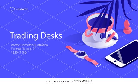 ilustración de Workplace trader , escritorio de trabajo, banner isométrico, ilustración vectorial para aterrizaje o sitio web