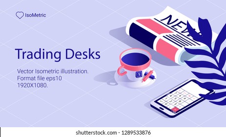 illustration of Workplace trader , work desk, isometric banner, vector illustration for landing or web site