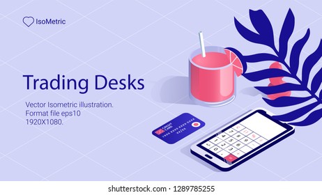 illustration of Workplace trader , work desk, isometric banner, vector illustration for landing or web site