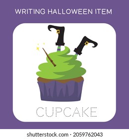 Illustration of worksheet writing practice Halloween item. Educational printable worksheet. Exercises lettering game for kids. Vector illustration.