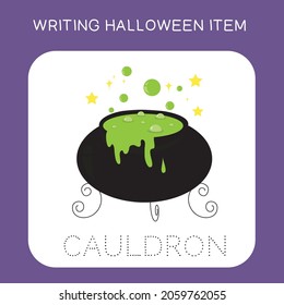 Illustration of worksheet writing practice Halloween item. Educational printable worksheet. Exercises lettering game for kids. Vector illustration.