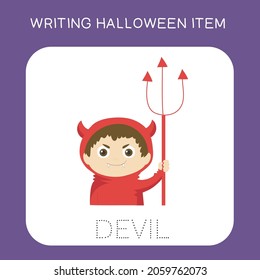 Illustration of worksheet writing practice Halloween item. Educational printable worksheet. Exercises lettering game for kids. Vector illustration.