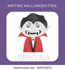 Illustration of worksheet writing practice Halloween item. Educational printable worksheet. Exercises lettering game for kids. Vector illustration.