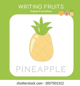 Illustration of worksheet writing practice tropical fruit. Educational printable worksheet. Exercises lettering game for kids. Vector illustration.