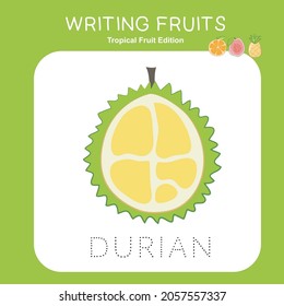 Illustration of worksheet writing practice tropical fruit. Educational printable worksheet. Exercises lettering game for kids. Vector illustration.