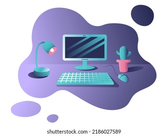 Illustration des Arbeitsbereichs mit Computer, Tischlampe und Kaktus. Flache Vektorgrafik in hellen Farben.