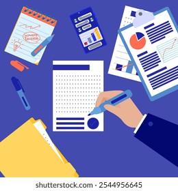 Illustration of a workspace with documents, charts, and a hand highlighting data. Perfect for themes of business analysis, planning, and report preparation.