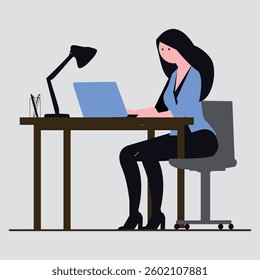 The illustration of a workspace  a dynamic, modern office environment designed for productivity and creativity. It features a clean, organized desk with essential office tools such as a laptop