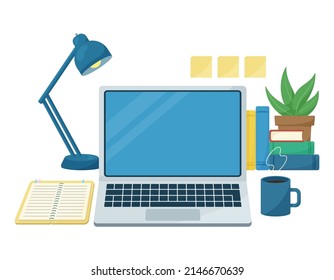 Illustration Of Workspace. Laptop And Work Environment. Illustration Of Desk Work, Remote Work.