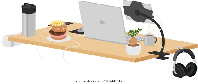 Illustration of a workspace with laptops, tablets, plants and food.