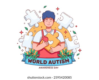 Illustration of World Autism Awareness Day with A person holds a puzzle piece with a heart cut out, symbolizing love, inclusiveness for individuals with autism.
