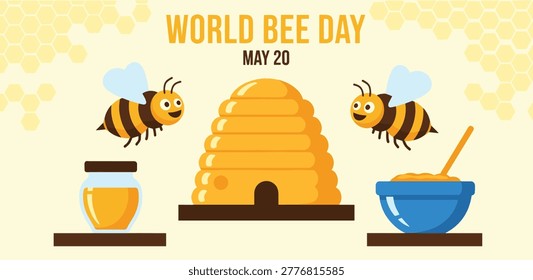 Illustration for World Bee Day featuring cartoon bees, a beehive, and jars of honey.