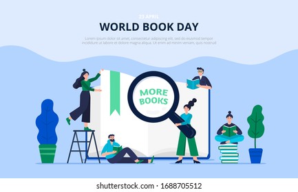 Illustration of a world book day concept. Modern young people read books. Men and women celebrate a book day. Girl with loupe and slogan to read more books. Vector flat illustration.