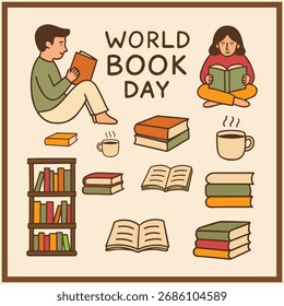 Illustration for World Book Day featuring children reading books, stacks of books, a bookshelf, and cups of coffee.