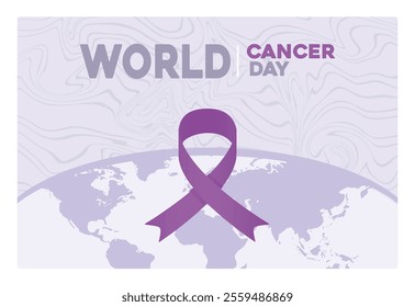 Illustration of World Cancer Day with a purple ribbon over a globe. Symbolizes awareness, unity, and support in the fight against cancer worldwide. World Cancer Day concept. Flat vector illustration.