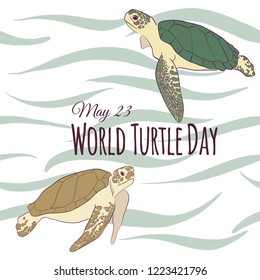 Illustration to the world day of turtles. Two sea turtles in the ocean.